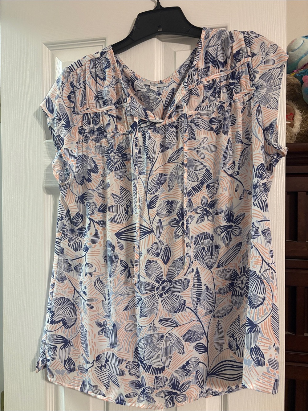 croft & barrow Navy and Light Pink Floral Cap-Sleeve Tie-Neck Blouse